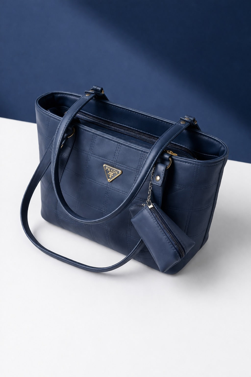 Elegant Navy Blue Quilted Tote Bag with Mini Pouch – Premium Shoulder Handbag