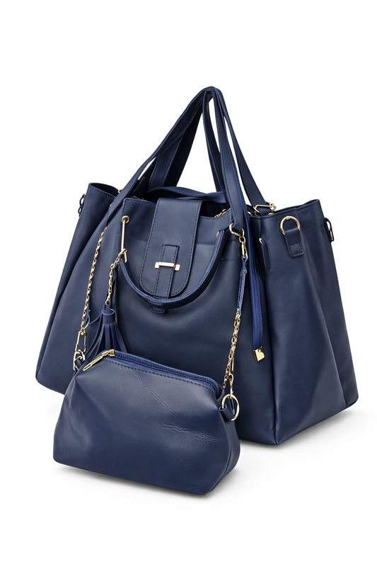 Ikalaa Navy Blue Tote Bag with Matching Pouch for Women