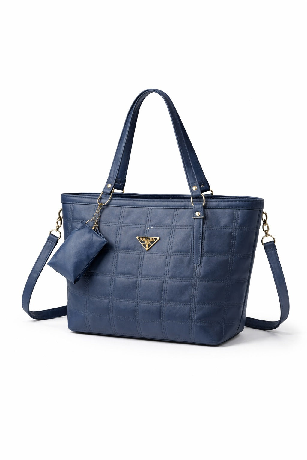 Elegant Navy Blue Quilted Tote Bag with Mini Pouch – Premium Shoulder Handbag