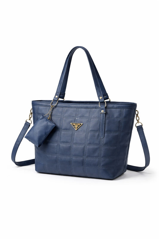 Elegant Navy Blue Quilted Tote Bag with Mini Pouch – Premium Shoulder Handbag