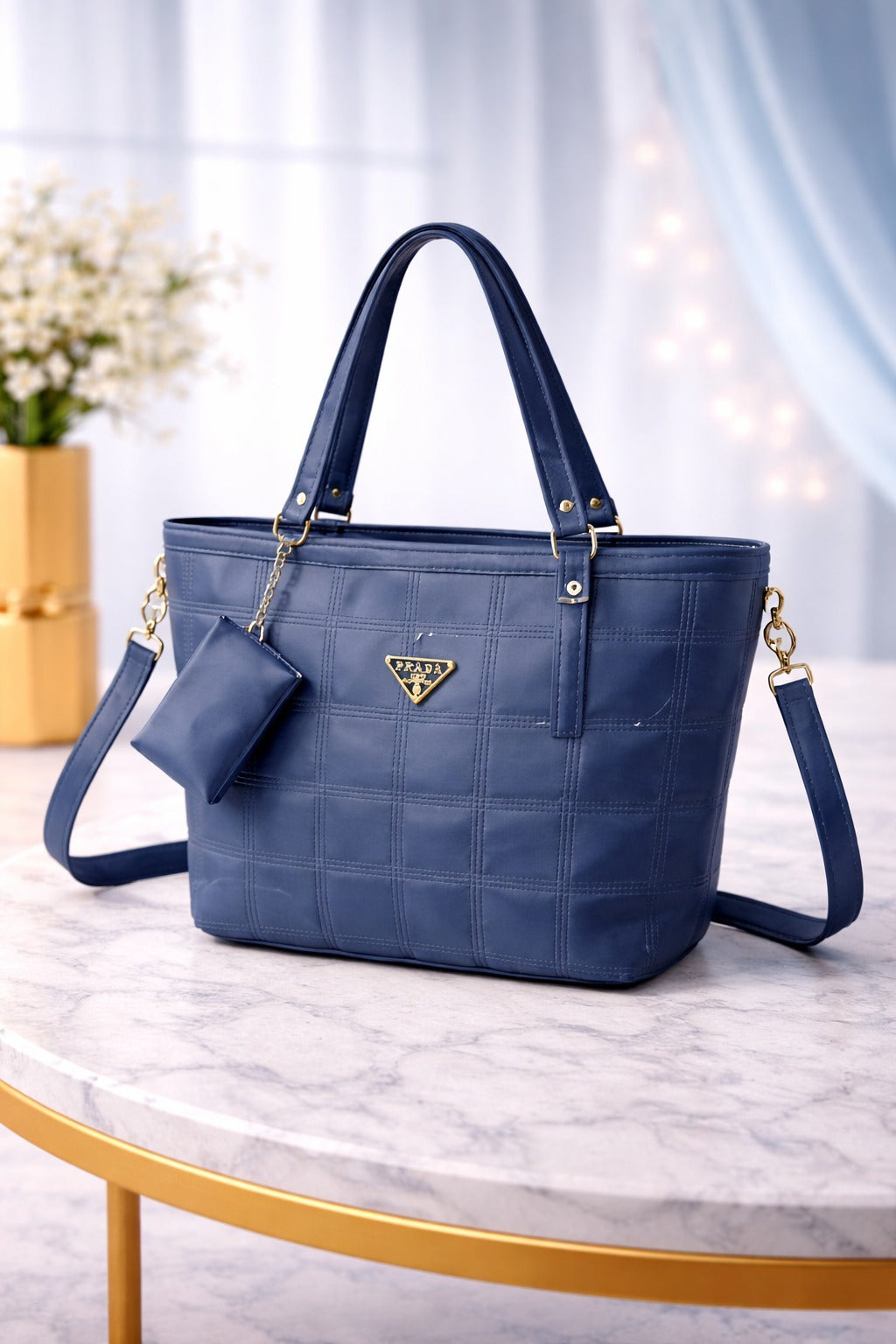 Elegant Navy Blue Quilted Tote Bag with Mini Pouch – Premium Shoulder Handbag